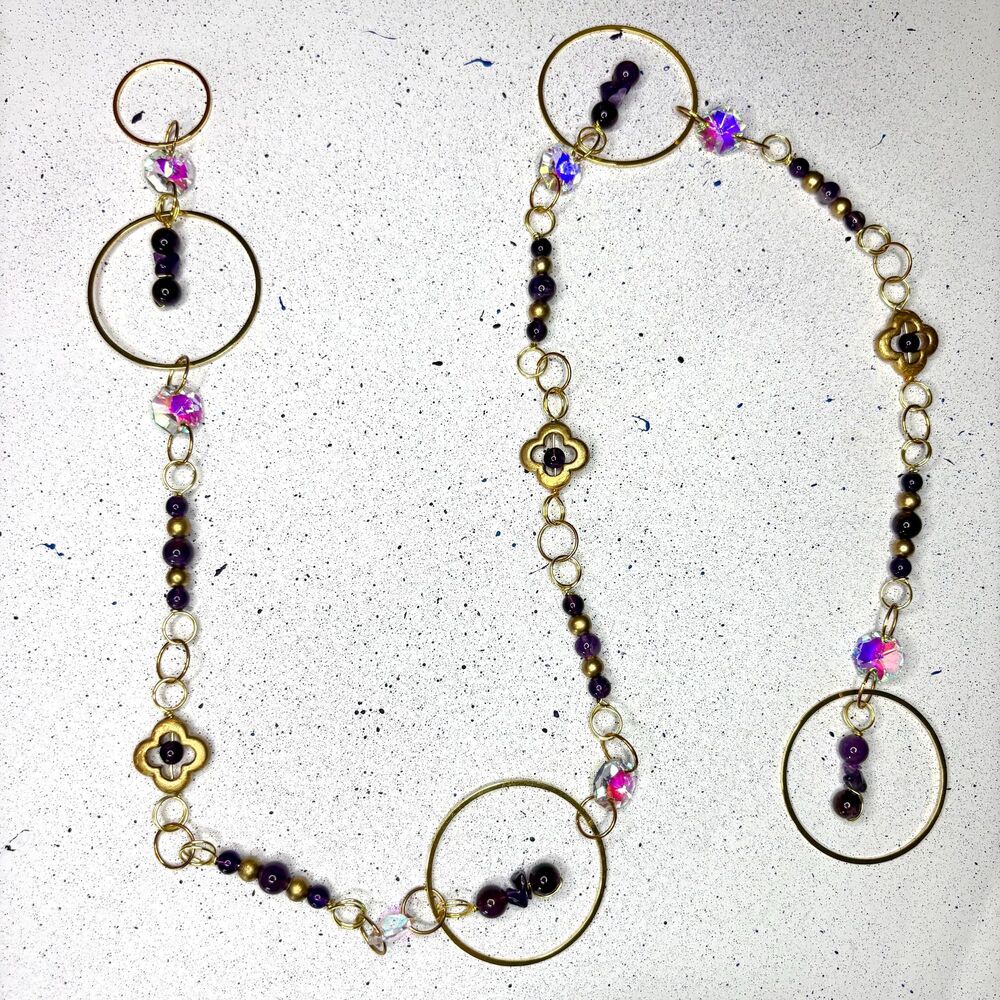 Amethyst Gold Circle Hoop Gemstone Wall Hanging Protection Healing 36 inches